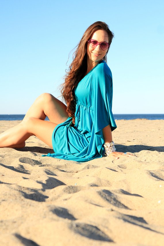 F4763 Blue Drawstring Bat Sleeve V Neck Casual Beach Dress Cover Up